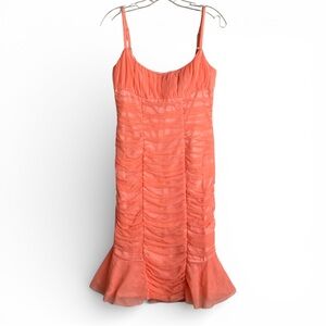 Y2K Peach Ruched Mesh Mermaid Midi Dress